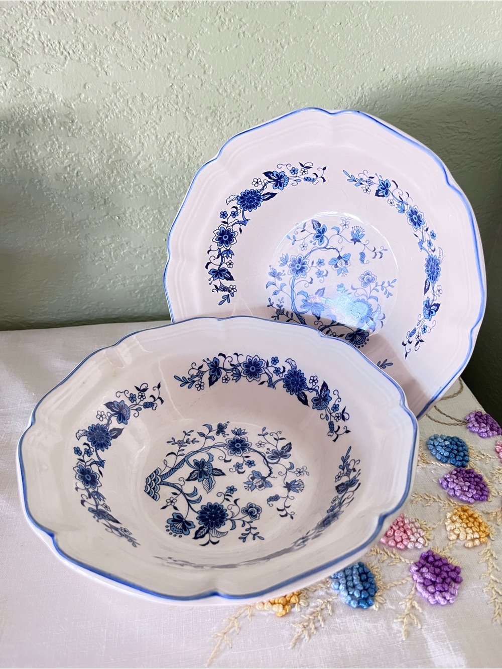 Vintage Blue & White Floral Stoneware Serving Bowls Set of 2 Woolworth Korea 8”
